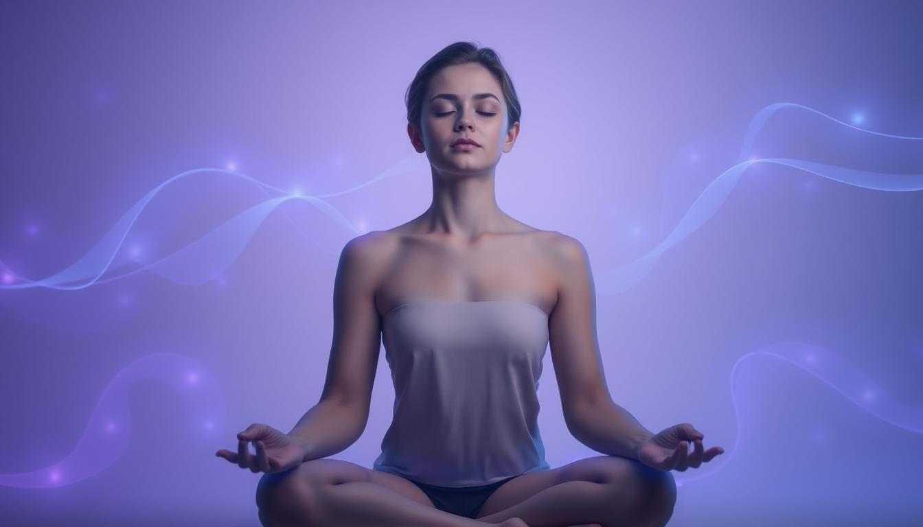 Person experiencing physical symptoms of timeline shift with energy waves visible around their body