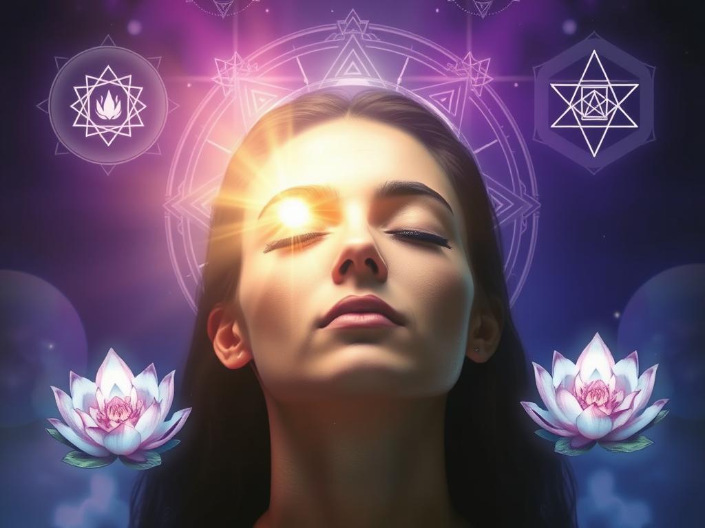 Person experiencing spiritual awakening with light emanating from third eye and crown chakra Person experiencing spiritual awakening with light emanating from third eye and crown chakra