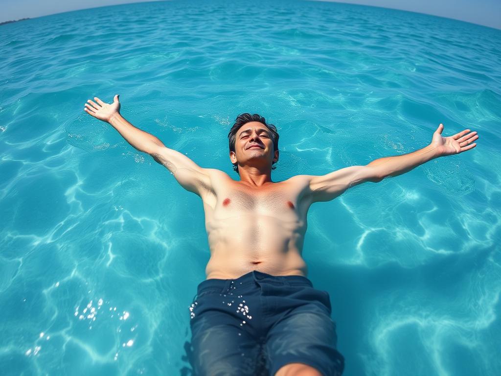 Person floating effortlessly in saltwater showing muscle relaxation, one of the key health benefits of being in the ocean