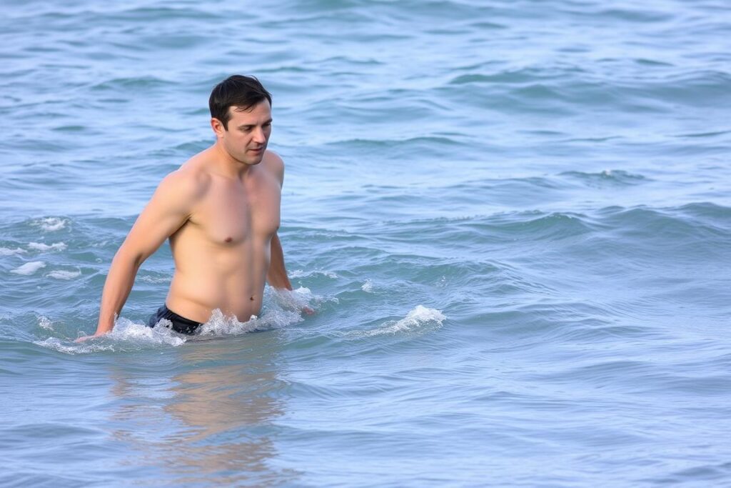 Person gradually entering cold ocean water, demonstrating proper cold water acclimatization techniques for safely enjoying the health benefits of being in the ocean