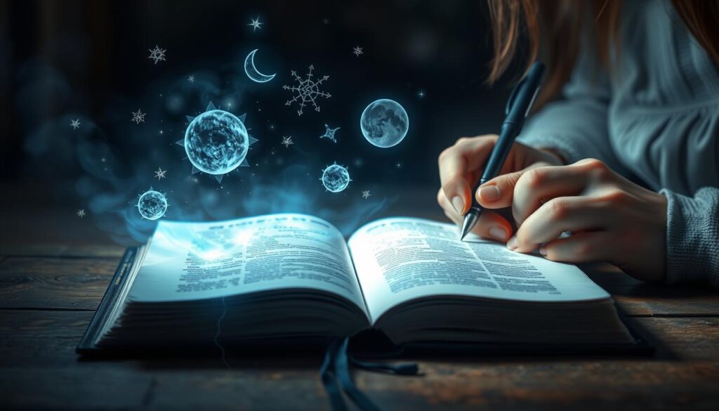 Person journaling dream symbols with ethereal dream imagery floating above Person journaling dream symbols with ethereal dream imagery floating above