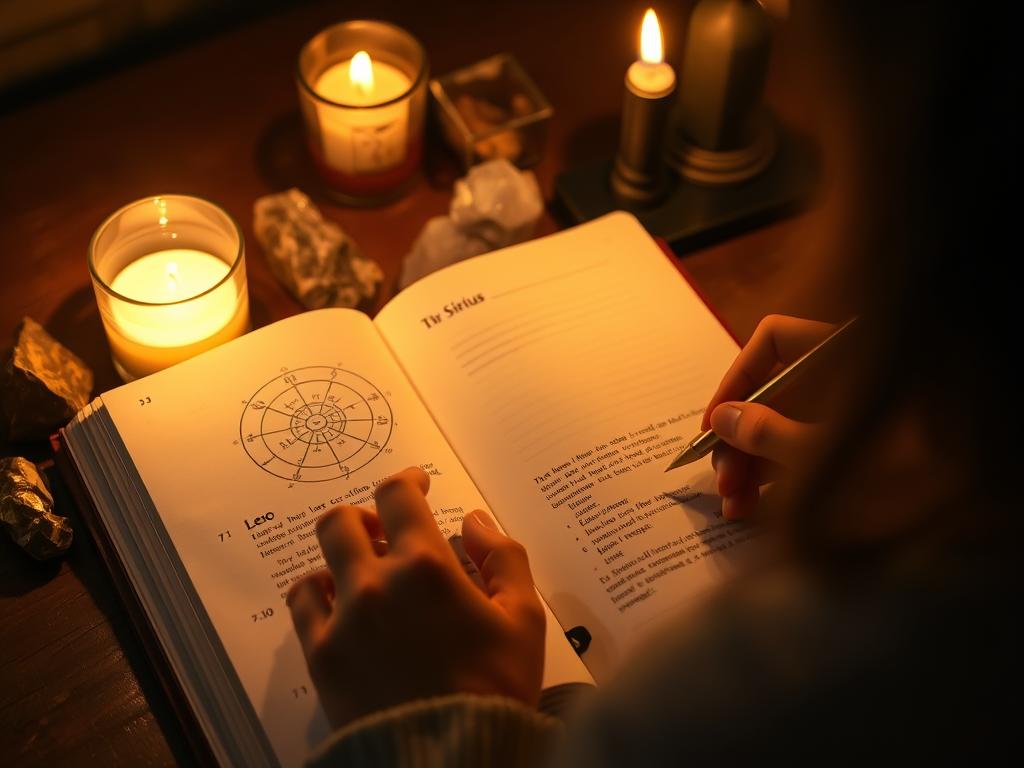 Person journaling during Lions Gate Portal with astrological symbols Person journaling during Lions Gate Portal with astrological symbols