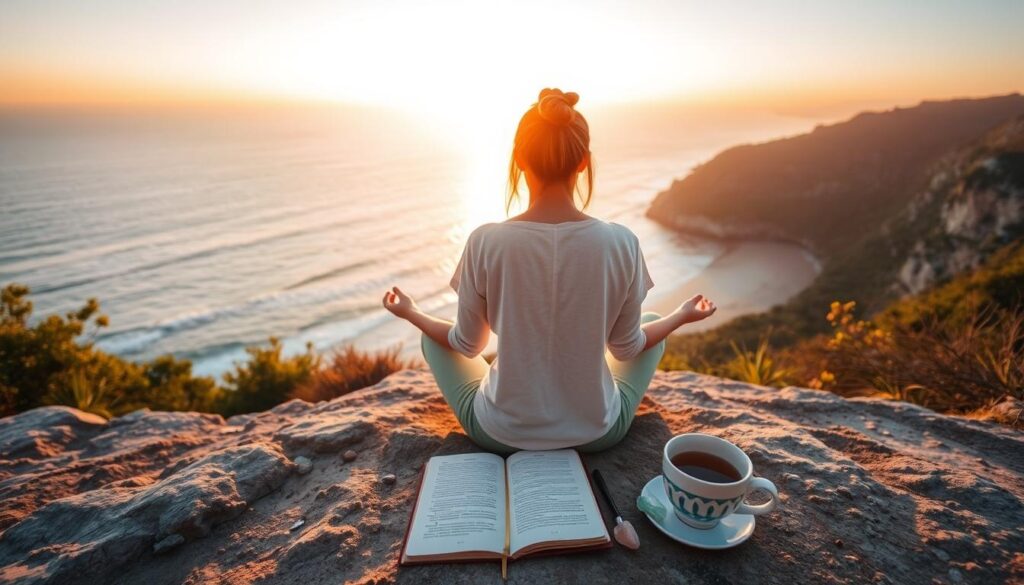 Person meditating at sunrise with journal and crystals nearby, symbolizing balanced spiritual practice Person meditating at sunrise with journal and crystals nearby, symbolizing balanced spiritual practice