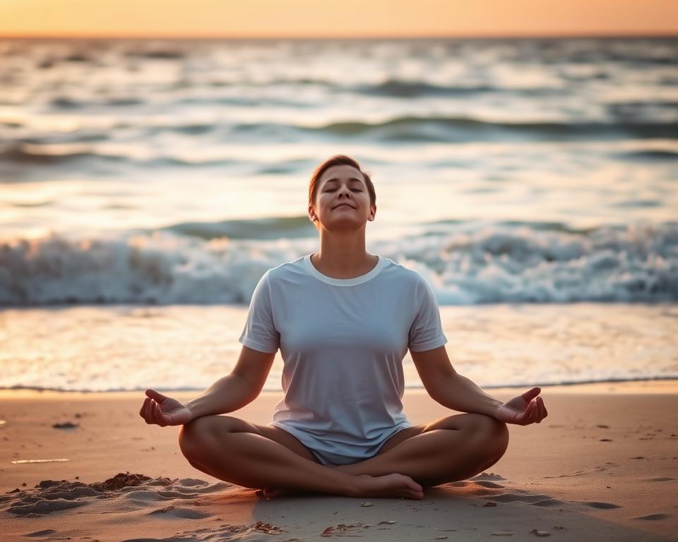 Person meditating by the ocean shore demonstrating the stress reduction and mental health benefits of being in the ocean