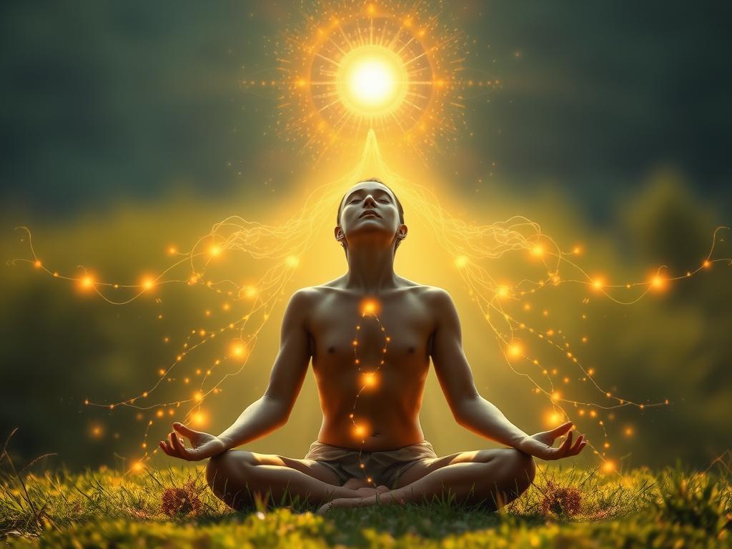 Person meditating with cosmic energy flowing through them, symbolizing reconnection with Source Creator Person meditating with cosmic energy flowing through them, symbolizing reconnection with Source Creator