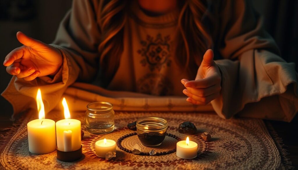 Person performing a creative ritual with elements of fire, water, earth and air Person performing a creative ritual with elements of fire, water, earth and air