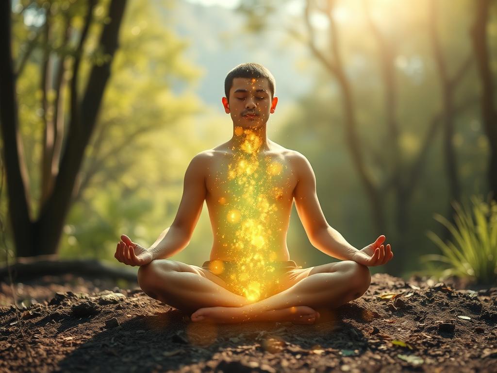 Person practicing grounding technique in nature with energy flowing between them and the earth Person practicing grounding technique in nature with energy flowing between them and the earth