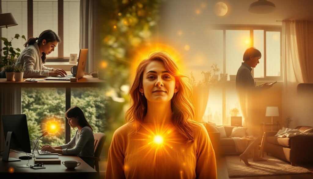 Person radiating divine light while engaged in everyday activities, showing living from oneness with Source Creator Person radiating divine light while engaged in everyday activities, showing living from oneness with Source Creator