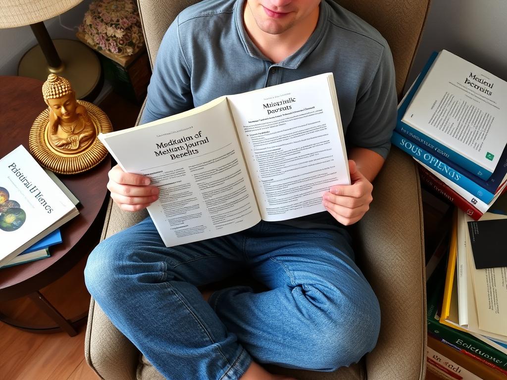 Person reading scientific journal about meditation benefits while surrounded by spiritual items Person reading scientific journal about meditation benefits while surrounded by spiritual items
