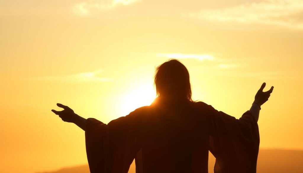 Person standing at dawn with arms outstretched embracing new timeline energy Person standing at dawn with arms outstretched embracing new timeline energy