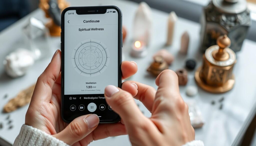 Person using a spiritual wellness app on smartphone with crystals and incense nearby Person using a spiritual wellness app on smartphone with crystals and incense nearby