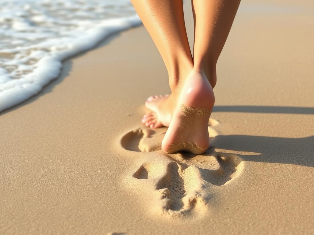 Person walking barefoot on wet sand with footprints visible, showing the reflexology benefits of being at the ocean