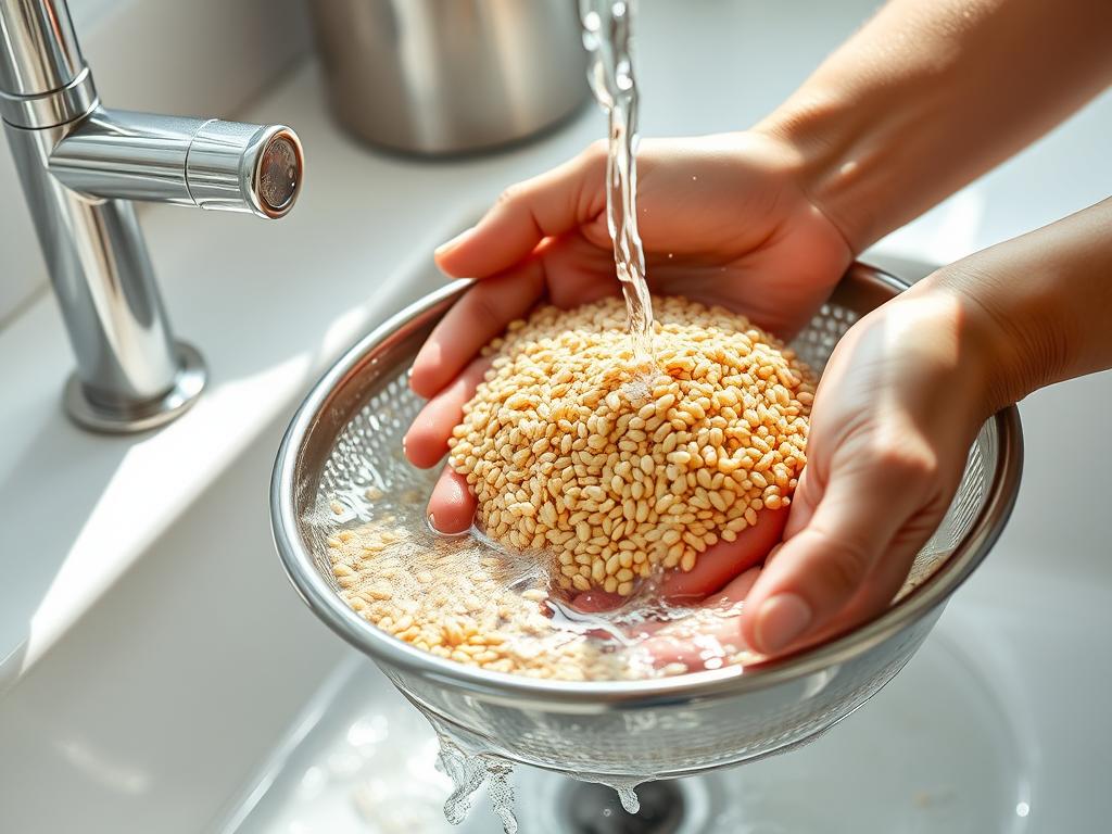 Person washing grains thoroughly before cooking to reduce PFAS exposure Person washing grains thoroughly before cooking to reduce PFAS exposure