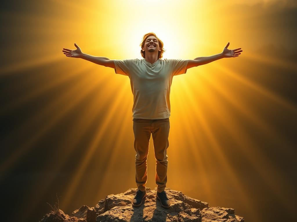 Person with arms outstretched embracing divine light, symbolizing reconnection with Source Creator Person with arms outstretched embracing divine light, symbolizing reconnection with Source Creator