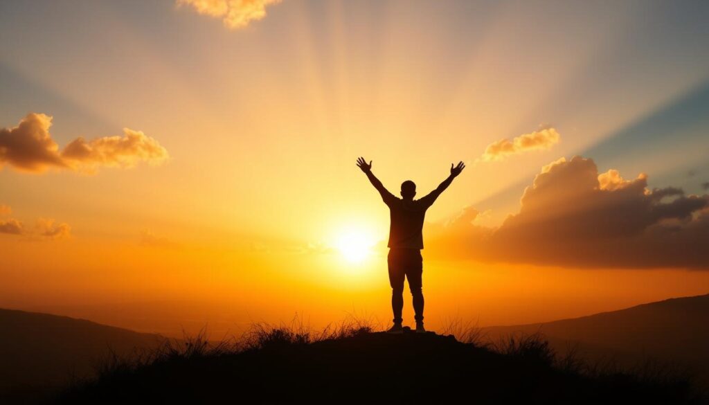 Person with arms raised embracing Lions Gate Portal energy at sunrise Person with arms raised embracing Lions Gate Portal energy at sunrise