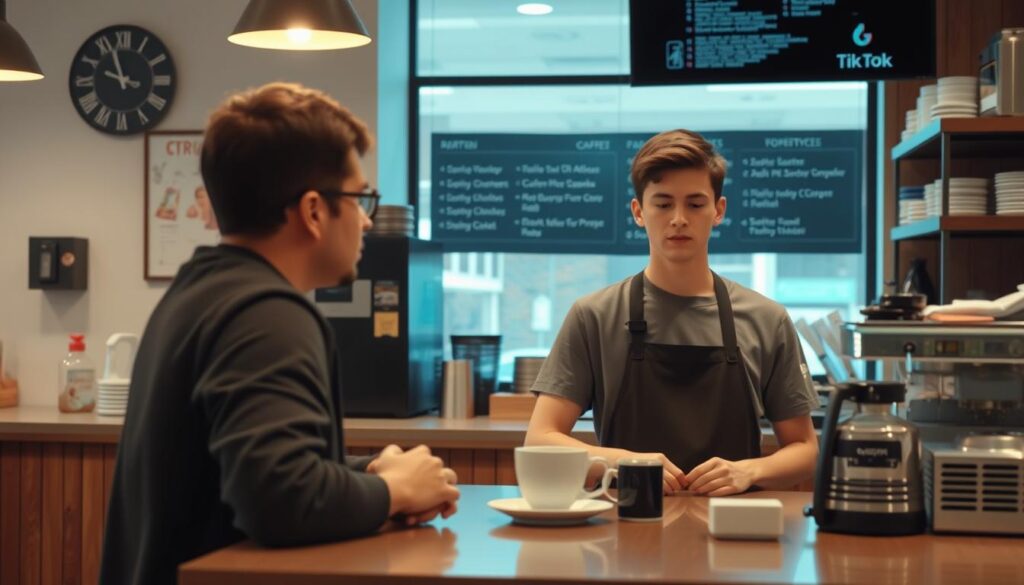 Recreation of viral coffee shop Gen Z stare interaction