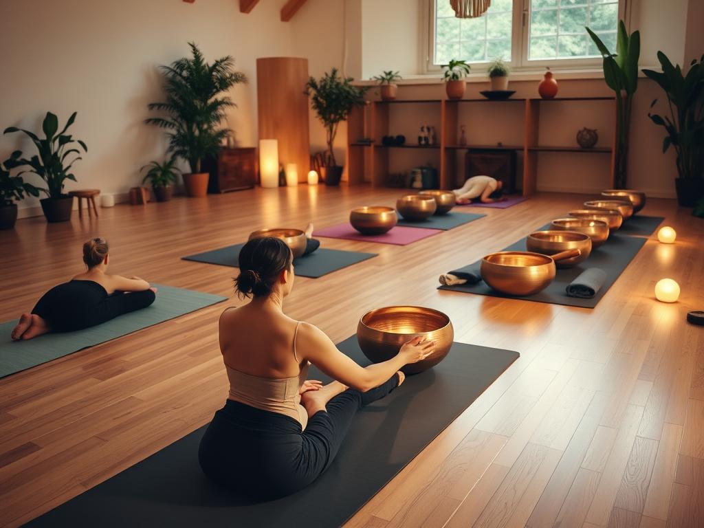 Sound healing session with singing bowls and participants lying on yoga mats Sound healing session with singing bowls and participants lying on yoga mats