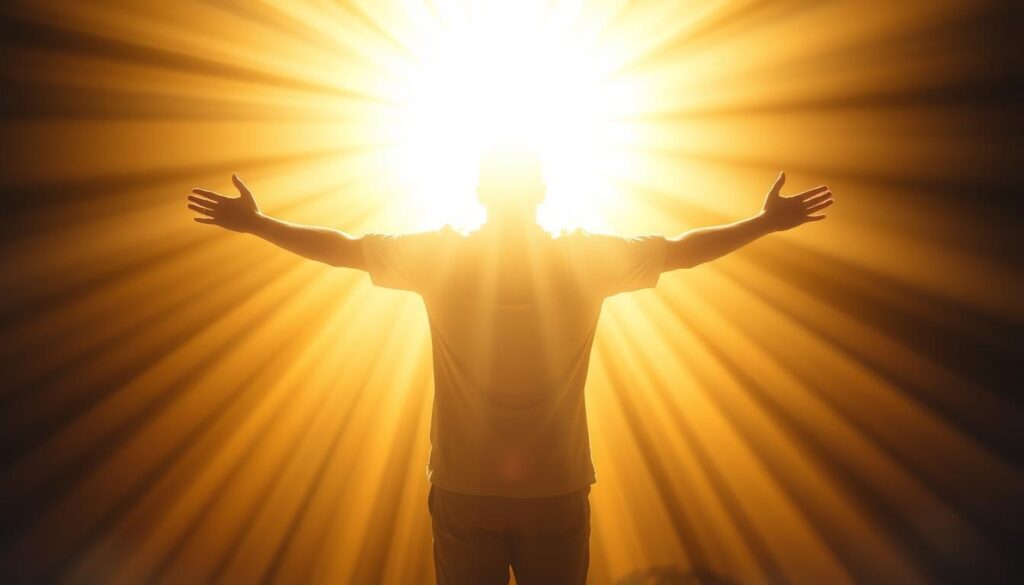 Symbolic image of human figure fully embracing divine light, representing complete oneness with Source Creator Symbolic image of human figure fully embracing divine light, representing complete oneness with Source Creator