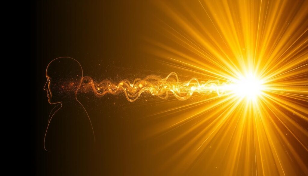 Transformation process showing human evolving into light being, representing oneness with Source Creator Transformation process showing human evolving into light being, representing oneness with Source Creator