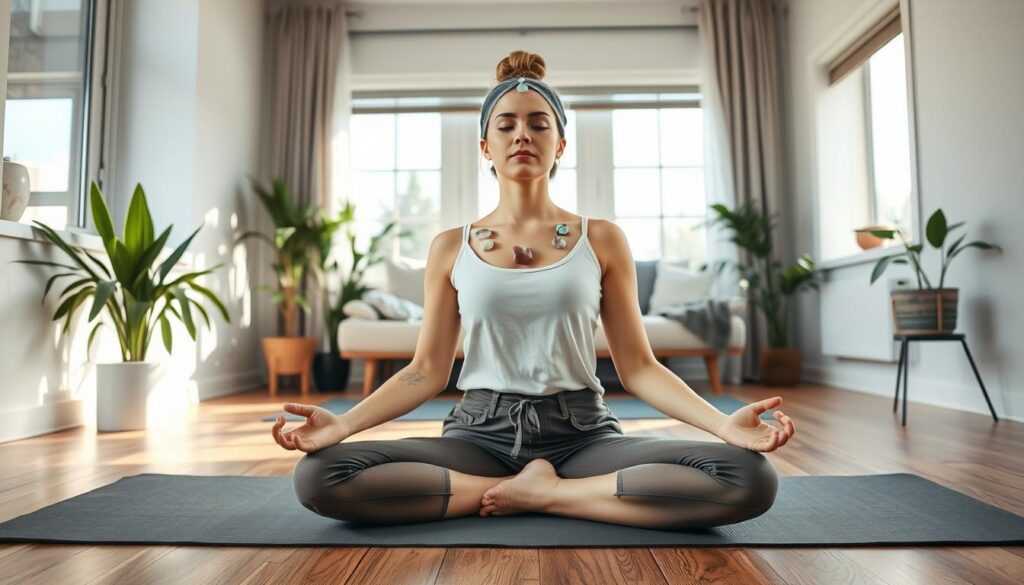 Young woman meditating with crystals placed on chakra points in a modern apartment setting Young woman meditating with crystals placed on chakra points in a modern apartment setting