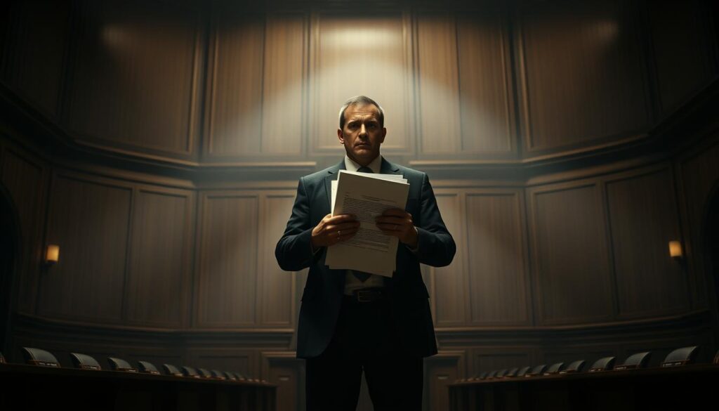 A dimly lit courtroom, its wood-paneled walls casting long shadows. In the center, a lone figure stands defiantly, holding a stack of legal documents. Their expression is one of unwavering resolve, a manifestation of the "sovereign citizen" ideology. Surrounding them, a haze of uncertainty and tension permeates the air, as if the very fabric of the room is charged with the weight of their convictions. The lighting is dramatic, accentuating the sharp lines of the architecture and the determined posture of the individual. This scene captures the essence of the "sovereign citizen tactics" - a defiant stand against perceived government overreach, using a complex web of legal theories and obfuscation to challenge the established order.