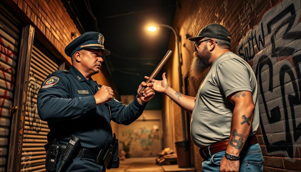 A law enforcement officer clashes with a defiant sovereign citizen, their confrontation unfolding under the harsh glare of a streetlight. The officer, in full uniform and wielding a baton, stands firm against the citizen's outstretched hand, their expression one of unwavering authority. In the background, a cluttered alleyway sets the stage, its shadows and graffiti-covered walls evoking the tension of this contentious encounter. The image conveys the unyielding clash of power and ideology, where the established order confronts the sovereign citizen's challenge to its legitimacy.