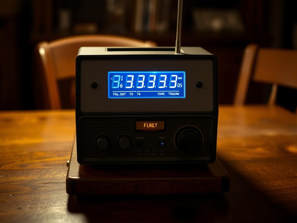 A spirit box device with illuminated display scanning through radio frequencies during a paranormal investigation