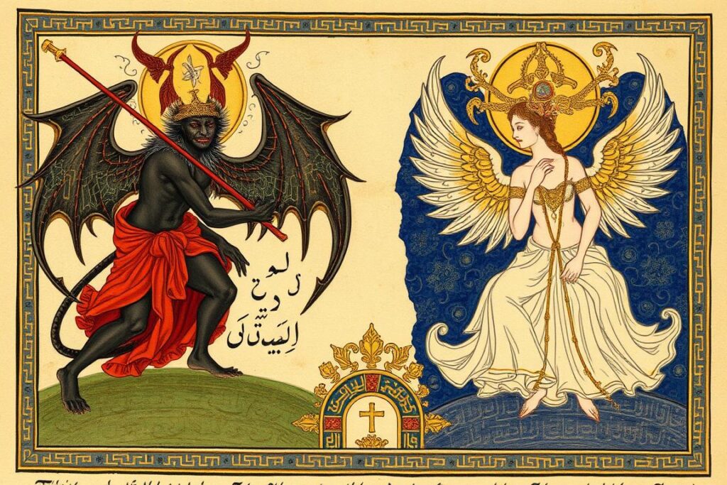 Ancient Persian artwork depicting Divs and Peris, supernatural beings similar to Djinn Ancient Persian artwork depicting Divs and Peris, supernatural beings similar to Djinn