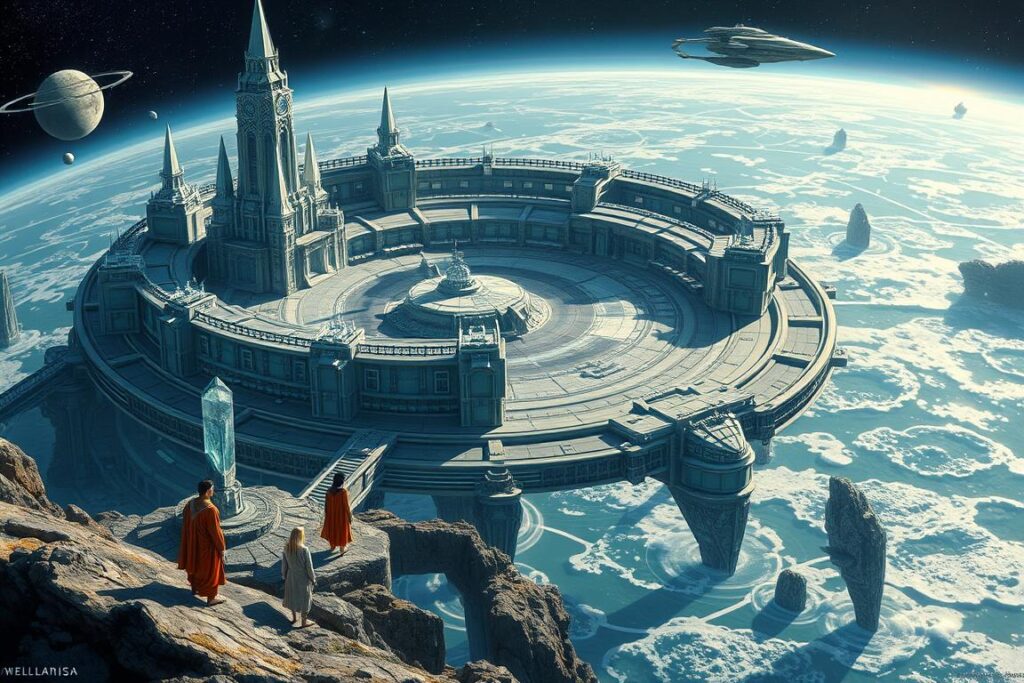 Artistic depiction of Atlantis as a refuge for beings fleeing the Galactic Orion-Lyran War