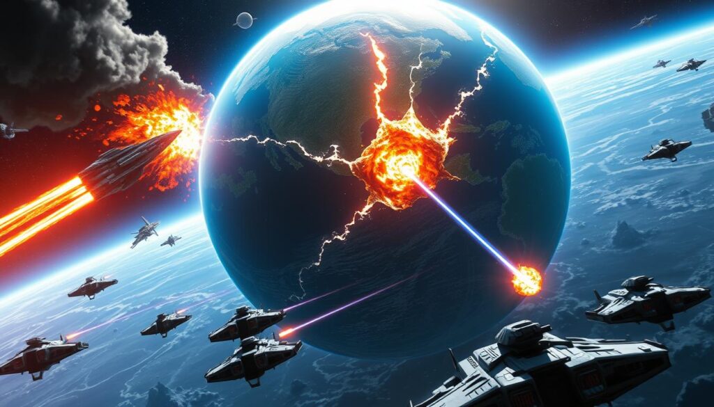 Artistic rendering of the destruction of Lyran planets during the Galactic Orion-Lyran War