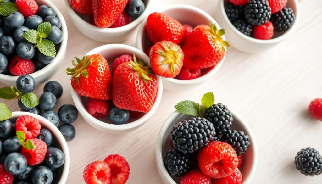 Assortment of fresh berries including blueberries, strawberries, raspberries, and blackberries in small bowls Assortment of fresh berries including blueberries, strawberries, raspberries, and blackberries in small bowls