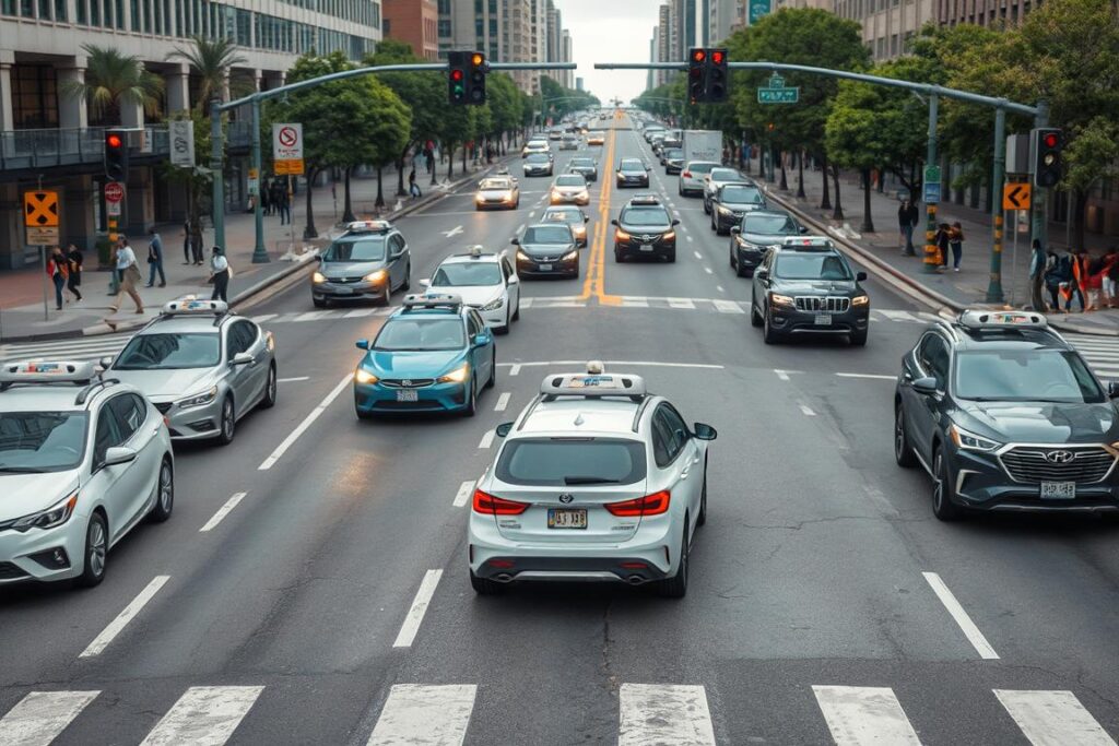 Autonomous vehicles navigating city streets, representing adaptation to the Age of AI