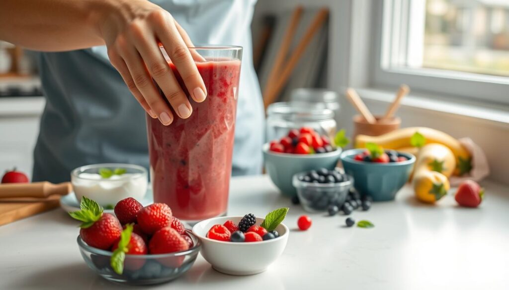 Berry smoothie being prepared with fresh ingredients showing an easy way to incorporate berries into diet Berry smoothie being prepared with fresh ingredients showing an easy way to incorporate berries into diet