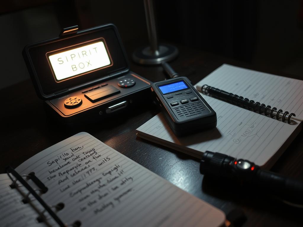 Close-up of a spirit box setup with recorder and notebook for documenting responses