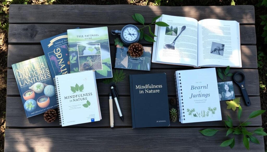 Collection of books, journals, and tools for mindfulness in nature practices arranged on a wooden surface outdoors
