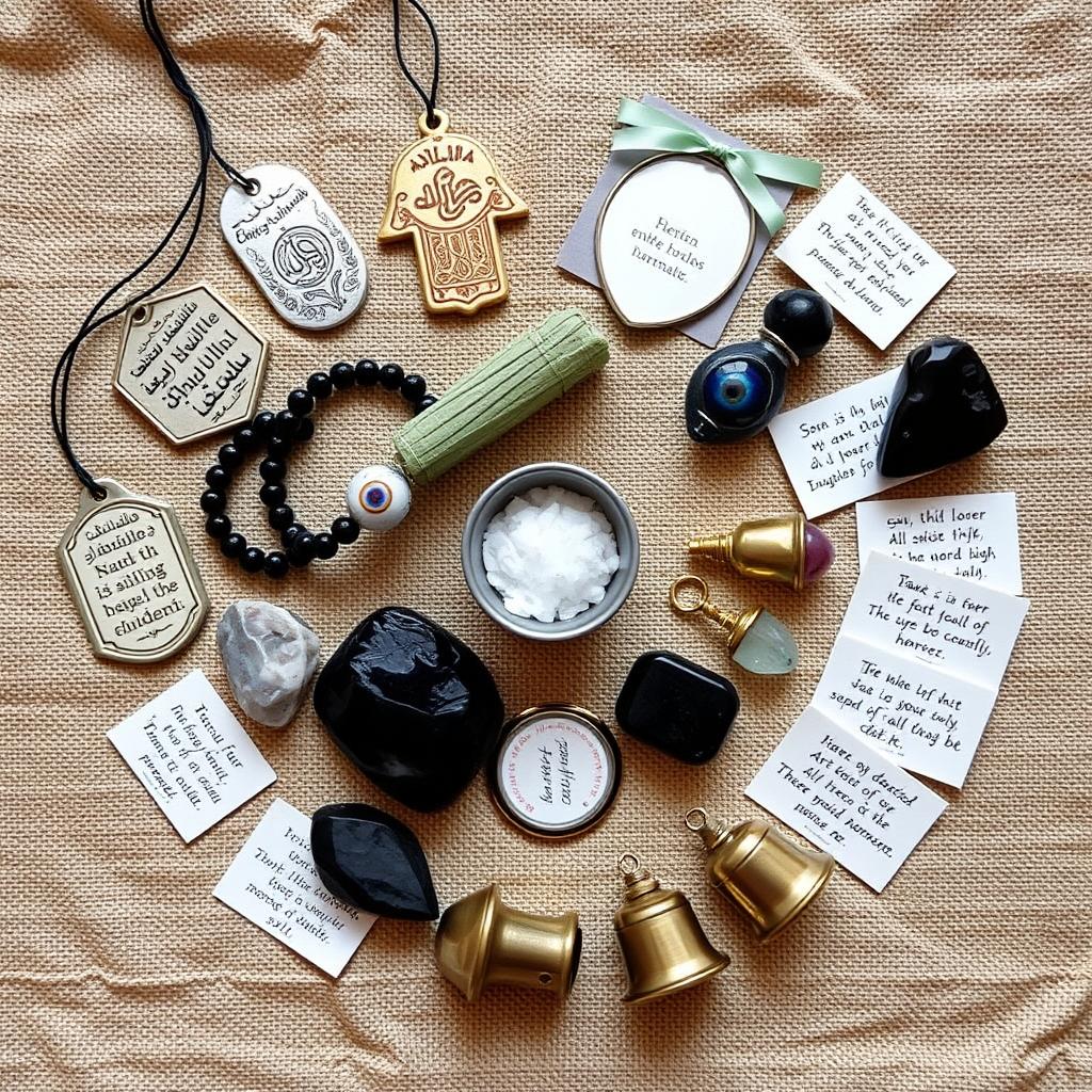 Collection of protective symbols and objects from various traditions used for spiritual protection Collection of protective symbols and objects from various traditions used for spiritual protection