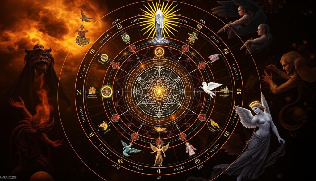 Conceptual diagram showing the spiritual hierarchy including Djinn, Archons, and other metaphysical beings Conceptual diagram showing the spiritual hierarchy including Djinn, Archons, and other metaphysical beings