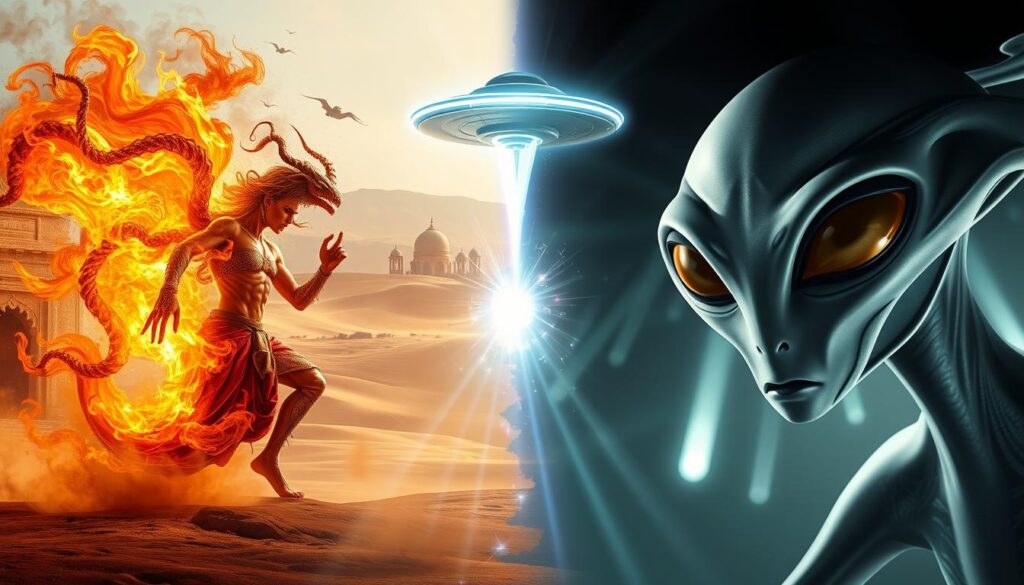 Conceptual image comparing modern alien encounter descriptions with traditional Djinn appearances Conceptual image comparing modern alien encounter descriptions with traditional Djinn appearances