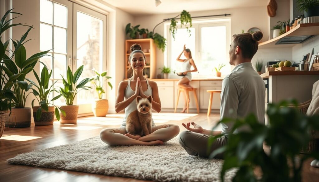 Cozy home scene showing meditation, yoga, and cooking — examples of daily routines that benefit the brain and mood