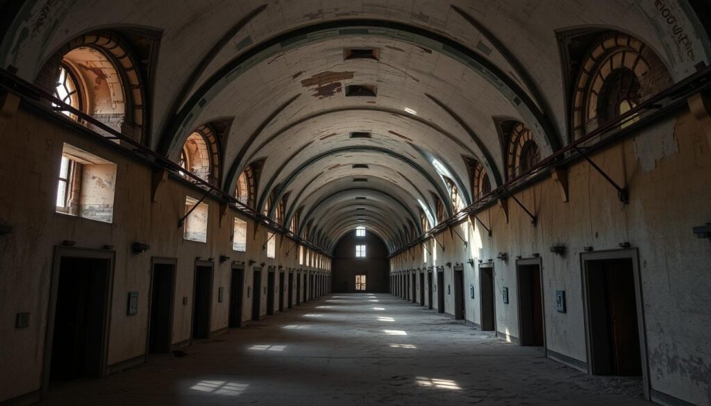 Eastern State Penitentiary's historic cell block corridor, known for paranormal activity