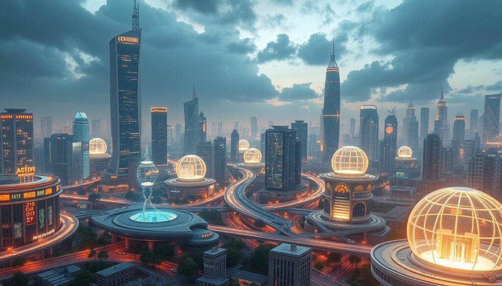 Futuristic visualization of AI integration in society by 2050 during the Age of AI
