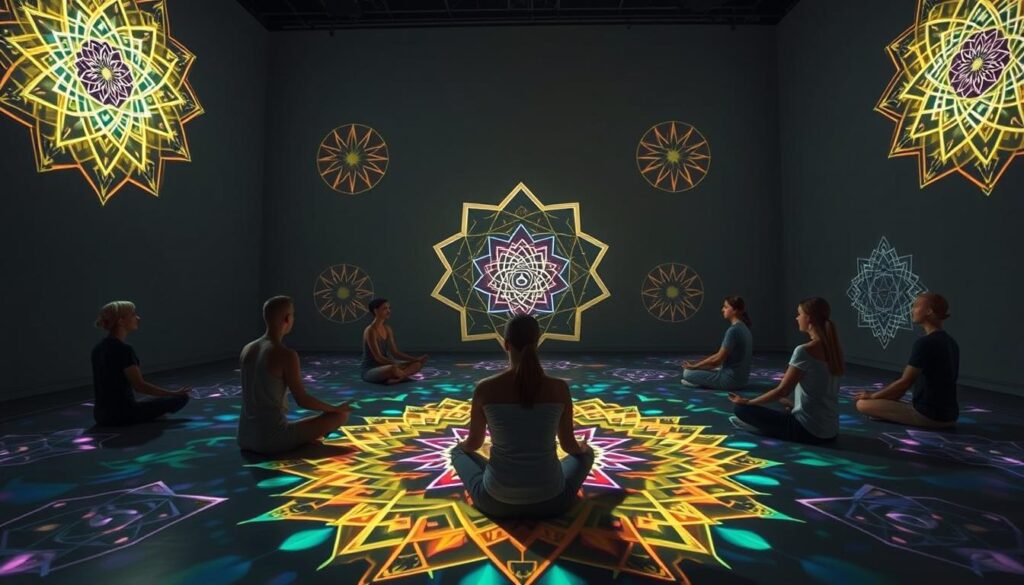 Group meditation session using sacred geometry patterns projected on walls