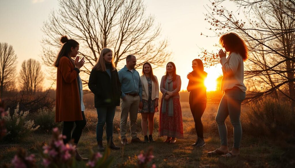 Group of people in a circle during a solstice celebration in nature, practicing seasonal awareness rituals