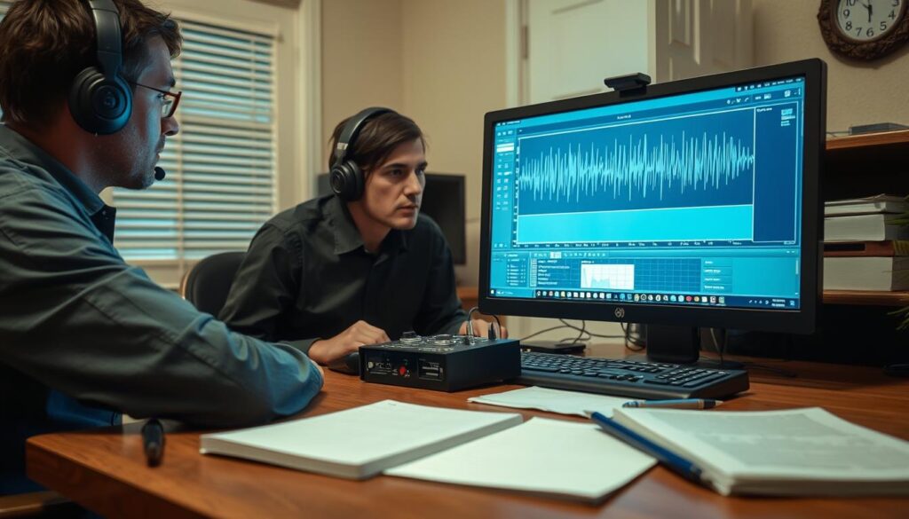 Investigators reviewing spirit box session recordings on a computer with audio analysis software