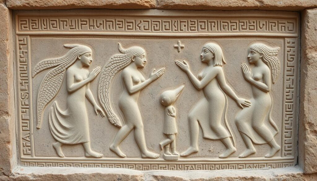 Mesopotamian relief carving showing entities similar to Djinn interacting with humans Mesopotamian relief carving showing entities similar to Djinn interacting with humans