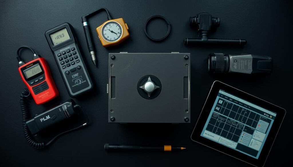 Modern paranormal investigation equipment including spirit boxes, EMF meters, and recording devices