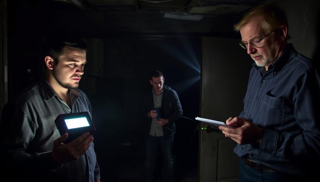 Paranormal investigators using a spirit box during a nighttime investigation in an abandoned building