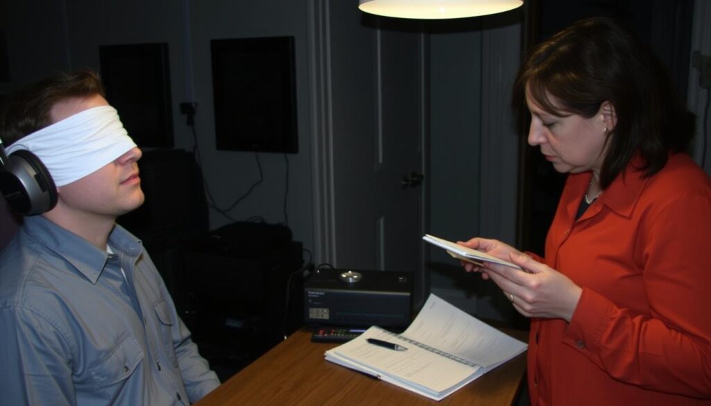 Paranormal investigators using the Estes Method with one person blindfolded wearing headphones connected to a spirit box