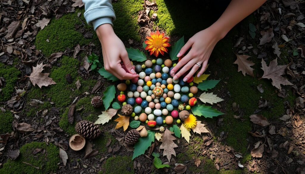 Person creating a nature mandala as an eco-gratitude offering, demonstrating mindfulness in nature through creative expression
