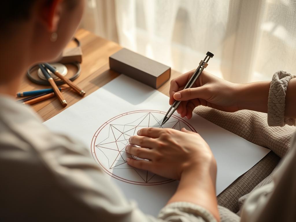Person creating sacred geometry art as part of their spiritual practice